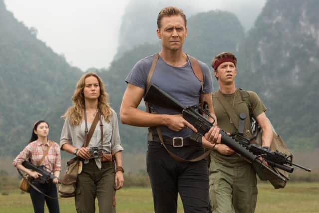 Pictured: Jing Tian as San Lin, Tom Hiddleston as James Conrad, Brie Larson as Mason Weaver and Thomas Mann as Reg Slivko PHOTO: PA Photo/Warner Brothers