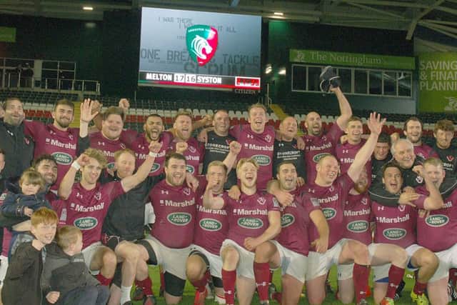 Melton RFC celebrate back-to-back cup wins. Photo: Tim Williams.