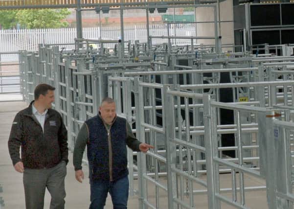 Project Manager Andy Tomkins checks out the new pens in Melton Cattle Market's plush new ?5.5million livestock building with market manager Tim Webster EMN-170515-131045001