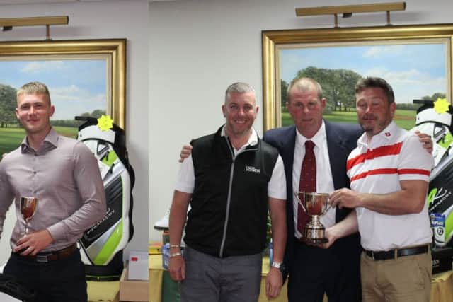 Stoke Rochford Spring Open - Adam Footitt with the McCorquodale Cup (left) and, right, Bursnell Cup winners Lee Malloy (Norwood Park)/Mark Peters (Stapleford Park) EMN-170524-124516002