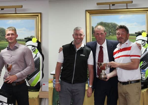 Stoke Rochford Spring Open - Adam Footitt with the McCorquodale Cup (left) and, right, Bursnell Cup winners Lee Malloy (Norwood Park)/Mark Peters (Stapleford Park) EMN-170524-124516002