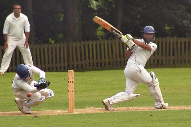 Ashish Didwania hits out watched by Queniborough keeper Sam Payne EMN-170613-170610002