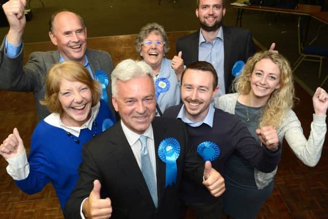 656464-16 : Â©Lionel Heap : News : Rutland & Melton Parliamentary Election Count 2017 : Sir Alan Duncan (front) celebrates his victory with fellow Conservatives. EMN-170613-183215001