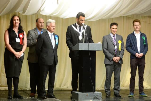 656464-14 : Â©Lionel Heap : News : Rutland & Melton Parliamentary Election Count 2017 : Candidates on the stage as returning officer, Mayor of Melton, Tejpal Bains announces the results. EMN-170613-182929001