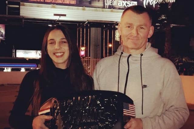 With dad Mark, her mentor, trainer and manager, as she makes the big fight billboards of Las Vegas earlier this year EMN-170615-102838002