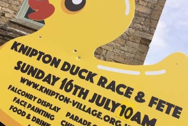 Some of the signs that have been placed around the Vale of Belvoir to advertise Knipton's duck races and fete which takes place on Sunday PHOTO: Supplied