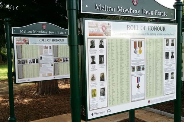 Information boards at Egerton Lodge displaying details about fallen Melton soldiers during the First World War EMN-170726-131705001