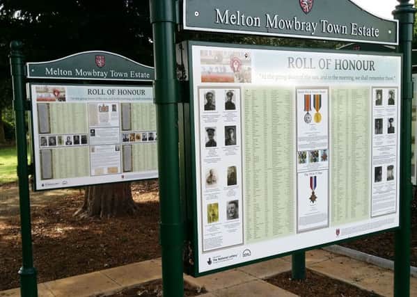 Information boards at Egerton Lodge displaying details about fallen Melton soldiers during the First World War EMN-170726-131705001