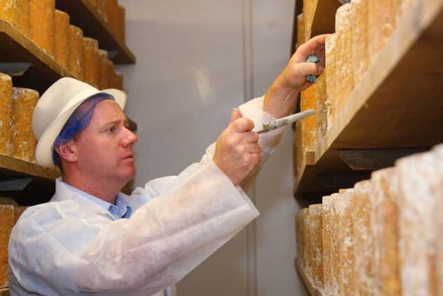 Billy Kevan, dairy manager at Colston Bassett tests the cheese PHOTO: Supplied