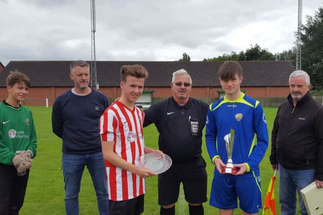 The pre-match ceremony before Mowbray Rangers and Monaghan United play their inaugural match EMN-170817-105917002