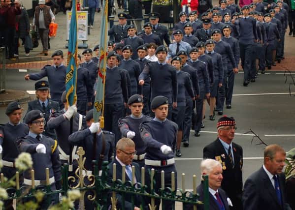 1279 (Melton Mowbray) Squadron Air Cadets, of the Royal Air Force Air Training Corps, make their way into the Memorial Gardens ahead of a service during the Battle of Britain parade EMN-170918-101858001