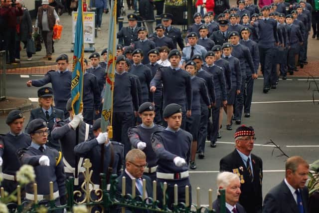 1279 (Melton Mowbray) Squadron Air Cadets, of the Royal Air Force Air Training Corps, make their way into the Memorial Gardens ahead of a service during the Battle of Britain parade EMN-170918-101858001
