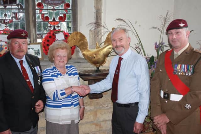 Lord Lieutenant of Leicestershire, Lady Gretton, is welcomed to the Friends of the Tenth group by Chairman Alec Wilson in Somerbys All Saints Church. EMN-170921-150029001