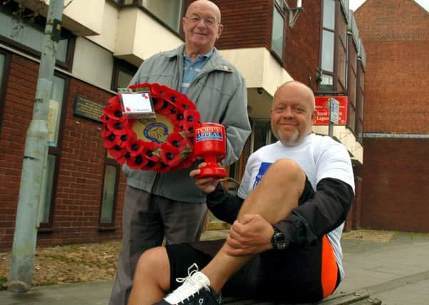 Richard Norton, who is running back-to-back marathons to raise money for the Remembrance Day parade in Melton, with the town's Poppy Appeal organiser Jock Bryson EMN-170910-152317001
