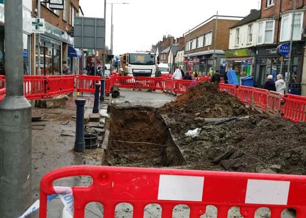 The scene in Sherrard Street, Melton, on Tuesday morning, as workmen repair a burst water main and the road remains closed to traffic EMN-171031-105916001